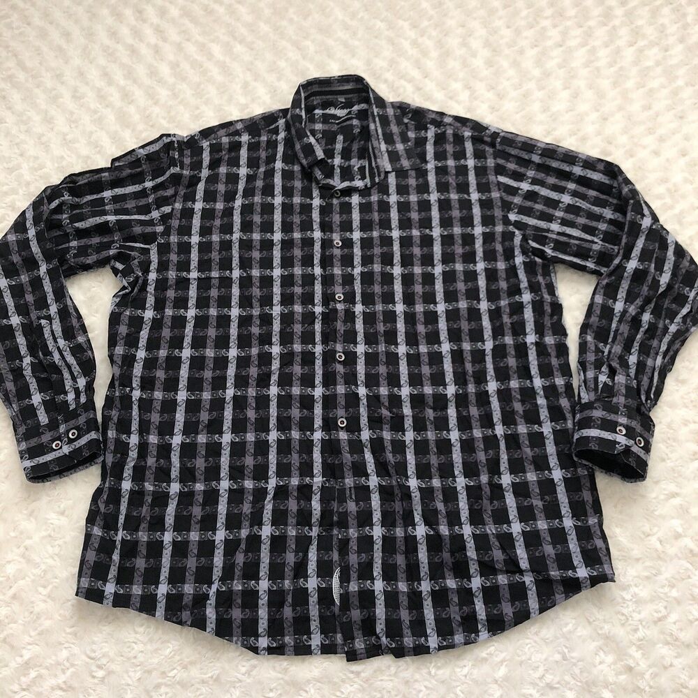 Visconti Uomo 2-Ply Mercerized Cotton Black Gray Paisley Long Sleeve Shirt XL